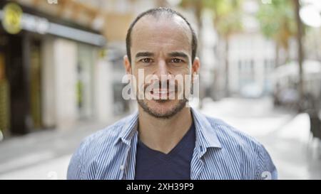 Smiling bearded hispanic man with no hair posing on a sunny urban street Stock Photo