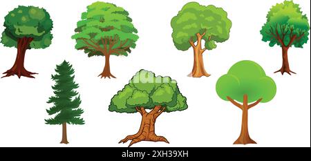 various detailed colorful green cartoon trees set collection vector image on transparent background Stock Vector