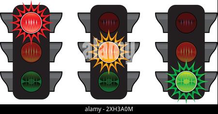 Simple traffic signal light vector icon set each with green orange red light on transparent background Stock Vector