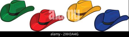 cartoon cowboy stetson hat bright colors yellow red blue green set of 4 vector on transparent background Stock Vector