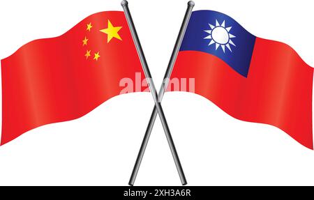 Taiwan and China flags on flagpoles versus crossed vector isolated on transparent background Stock Vector