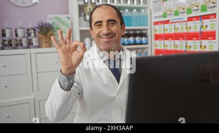 A bald hispanic middle-aged man in a white lab coat stands inside a pharmacy, smiling and making an ok gesture, surrounded by shelves filled with vari Stock Photo