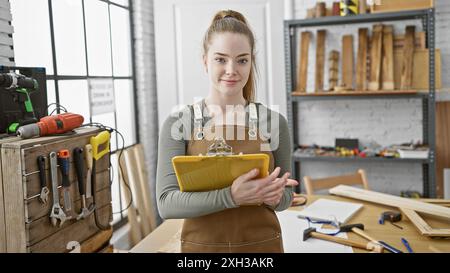 A young, blonde woman in a carpentry workshop, wearing overalls and holding a clipboard indoors. Stock Photo