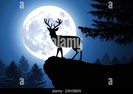 reindeer stag buck silhouette on a hill crest by large full moon in a forest with clear sky background vector illustration Stock Vector