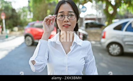 A young asian woman adjusts her glasses on a busy urban street, exuding confidence amidst the city hustle. Stock Photo