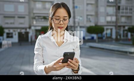 A young asian woman in a white shirt engages with a smartphone on a sunlit city street. Stock Photo