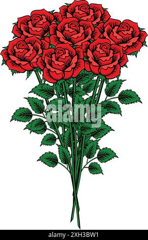 classic bunch bouquet of red roses tattoo with tall stem leaves and thorns design vector illustration isolated on transparent background Stock Vector
