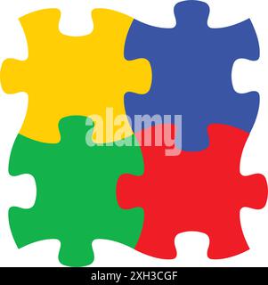 4 simple symmetrical colored puzzle pieces connected together logo blue green yellow red vector isolated on transparent background Stock Vector