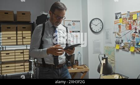 Mature bearded man using tablet in an office with detective investigation board background Stock Photo