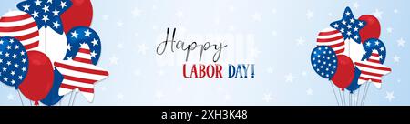 Happy Labor Day web banner. USA Labor Day celebration vector background. Rectangular horizontal banner in American style. Balloons in United States Stock Vector