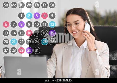 Making timetable. Businesswoman talking on phone and using laptop. Virtual calendar with marked dates near her Stock Photo