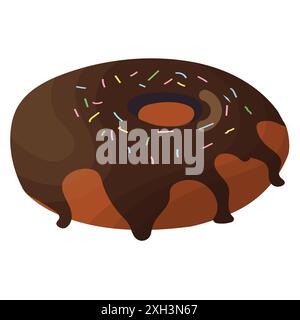Chocolate donut with glaze. Round buttery sweet pastries decorated with confectionery pamada. Delicious national American dessert. Vector illustration isolated on Stock Vector