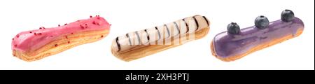Tasty eclairs with frosting isolated on white, set Stock Photo