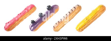 Tasty eclairs with frosting isolated on white, set Stock Photo