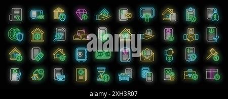 Collateral icons set outline vector. Credit property. Loan tax neon color on black Stock Vector
