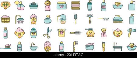 Dogs spa icons set outline vector. Grooming shower. Animal spa thin line color flat on white Stock Vector