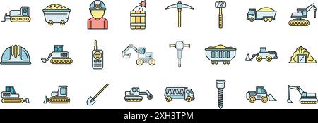 Quarry services icons set outline vector. Auto carrier. Car deliver thin line color flat on white Stock Vector