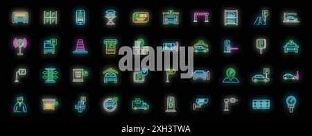 Parking place icons set outline vector. Park garage. Valet truck neon color on black Stock Vector