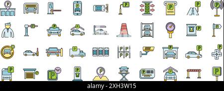 Parking place icons set outline vector. Park garage. Valet truck thin line color flat on white Stock Vector