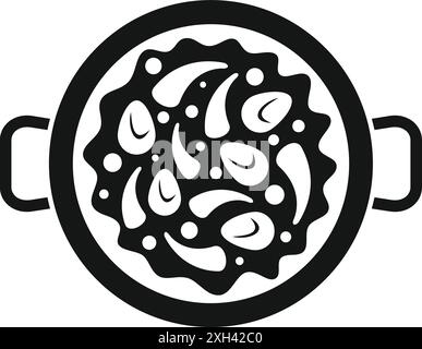 Black and white icon of a paella pan containing seafood and rice, a traditional spanish rice dish Stock Vector