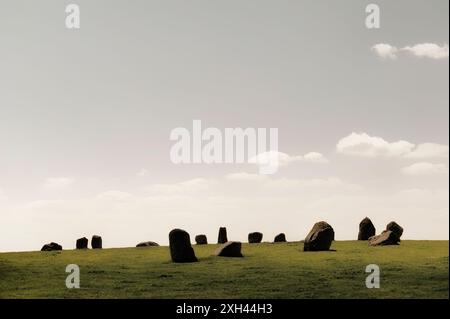 Prehistoric Neolithic megalithic standing stone circle known as Long Meg and Her Daughters near Penrith, Cumbria, England UK Stock Photo