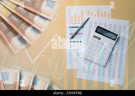 Budget concept. Graphs, calculator and euro banknotes, multiple exposure Stock Photo