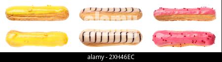 Tasty eclairs with frosting isolated on white, set Stock Photo