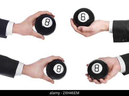 Businessman holding magic eight ball isolated on white, closeup. Collage of photos Stock Photo