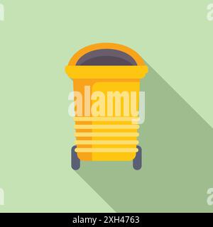 Big yellow plastic trash can with black wheels standing on a green background Stock Vector