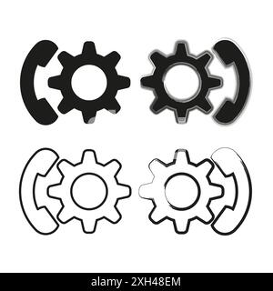 Customer support icons. Phone and gear symbols. Black and white design. Vector illustration. Stock Vector