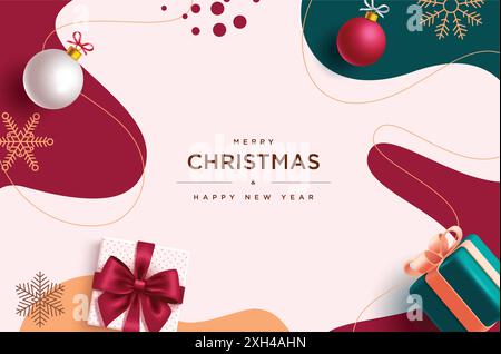 Christmas greeting vector background design. Merry christmas and happy new year text with gift box, xmas balls and snowflakes decoration elements Stock Vector