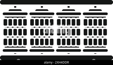 Black and white icon of a solar battery system storing energy generated from solar panels Stock Vector