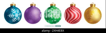 Christmas balls vector set design. Colorful christmas ball 3d realistic elements with glitter, snowflakes, shiny and glossy pattern isolated in white Stock Vector