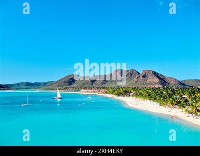 Antigua. North from Coco Beach over Valley Church Bay and Lignum Vitae Bay to Jolly Harbour on west coast of Caribbean island Stock Photo