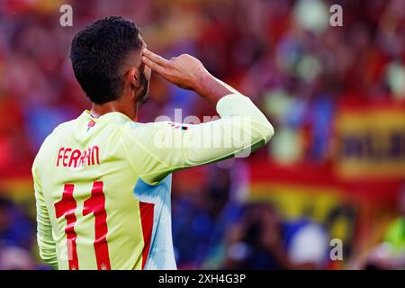 Ferran Torres  seen celebrating after scoring goal during UEFA Euro 2024 game between national teams of Albania and Spain at Merkur Spiel-Arena, Dusse Stock Photo