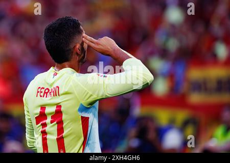 Ferran Torres  seen celebrating after scoring goal during UEFA Euro 2024 game between national teams of Albania and Spain at Merkur Spiel-Arena, Dusse Stock Photo