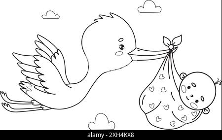 Cute flying stork in sky and newborn baby. Outline cartoon kawaii bird character. Line drawing, coloring book. Vector illustration. Kids collection Stock Vector