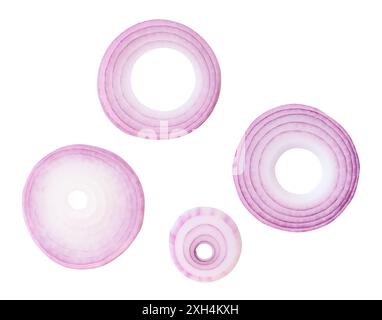 Top view set of red or purple onion slices or onion rings is isolated on white background with clipping path. Stock Photo