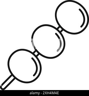 Simple black and white line art of three dango mochi balls skewered on a stick being held with chopsticks Stock Vector