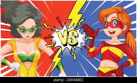 Two superheroes face off in a dynamic duel Stock Vector
