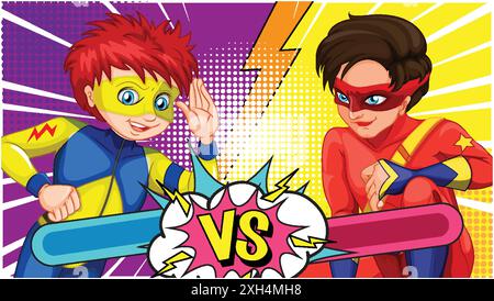 Two superheroes face off in a colorful duel Stock Vector