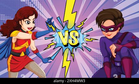 Two superheroes face off in a dynamic duel Stock Vector