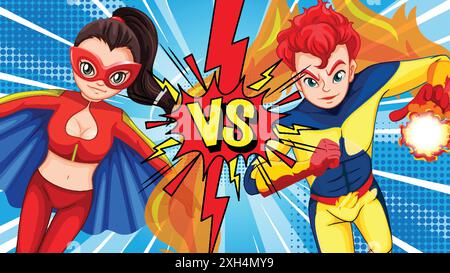Two superheroes face off in an epic battle Stock Vector