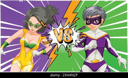 Two superheroes face off in a dynamic scene Stock Vector