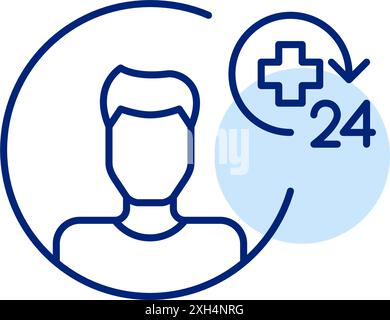Man avatar, medical cross and 24 hour emblem. All day health coverage. Round the clock security. Pixel perfect, editable stroke vector icon Stock Vector