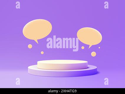 Modern 3D Podium with Floating Speech Bubbles, Communication Concept for Product Mockup Display, Purple and White Minimalist Design Stock Vector