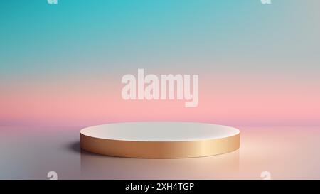 Luxury Style 3D Gold Rim White Circle Podium on Gradient Pink and Blue Sky Background Perfect for Nature Concept Product Display Mockup Showroom Showc Stock Vector