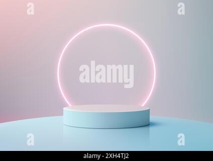 3D Blue Podium with Neon Glowing Pink Circle on Pastel Background, Modern Style for Product Display, Mockup, Showroom, Showcase Stock Vector