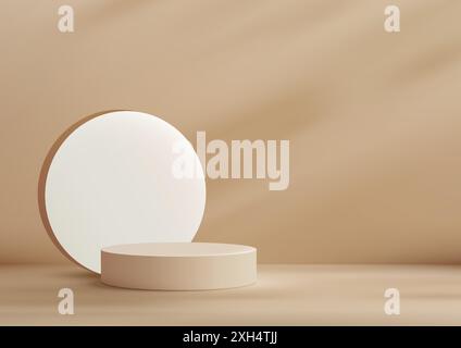 Modern Style 3D Beige Circle Podium with White Circle Backdrop on Beige Background Perfect for Product Display Mockup Showroom Showcase Stock Vector