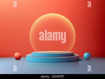 3D Glowing Orb on Blue Podium with Red and Blue Balls in Red Background, Modern Style Product Display and Mockup, Showcase for Showroom Stock Vector